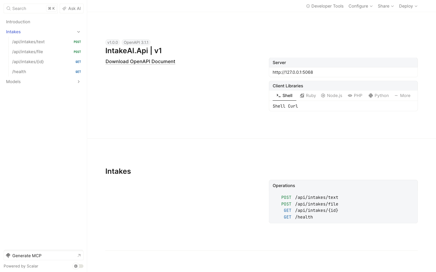 IntakeAI.NET interactive API documentation
